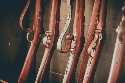 Several antique rifles are hung on a wall